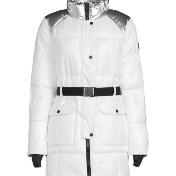NWT MICHAEL KORS Belted Logo White/Silver Puffer Parka Coat, Sz L - Picture 3 of 9